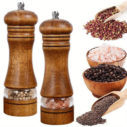 Set of 2 Pepper Grinders: Household Salt and Pepper Grinders, Wooden Spice Grinder, Manual Mill, Spice Crusher, Reusable Bottle for BBQ, Picnic, Camping. Kitchen Gadgets and Valentine's Day Gifts. Perfect for Kitchen Decor.