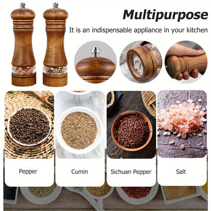 Set of 2 Pepper Grinders: Household Salt and Pepper Grinders, Wooden Spice Grinder, Manual Mill, Spice Crusher, Reusable Bottle for BBQ, Picnic, Camping. Kitchen Gadgets and Valentine's Day Gifts. Perfect for Kitchen Decor.