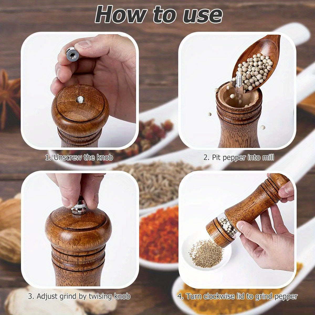 Set of 2 Pepper Grinders: Household Salt and Pepper Grinders, Wooden Spice Grinder, Manual Mill, Spice Crusher, Reusable Bottle for BBQ, Picnic, Camping. Kitchen Gadgets and Valentine's Day Gifts. Perfect for Kitchen Decor.