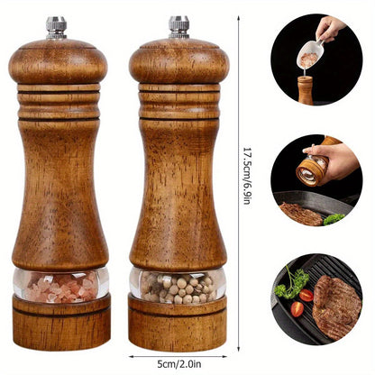 Set of 2 Pepper Grinders: Household Salt and Pepper Grinders, Wooden Spice Grinder, Manual Mill, Spice Crusher, Reusable Bottle for BBQ, Picnic, Camping. Kitchen Gadgets and Valentine's Day Gifts. Perfect for Kitchen Decor.