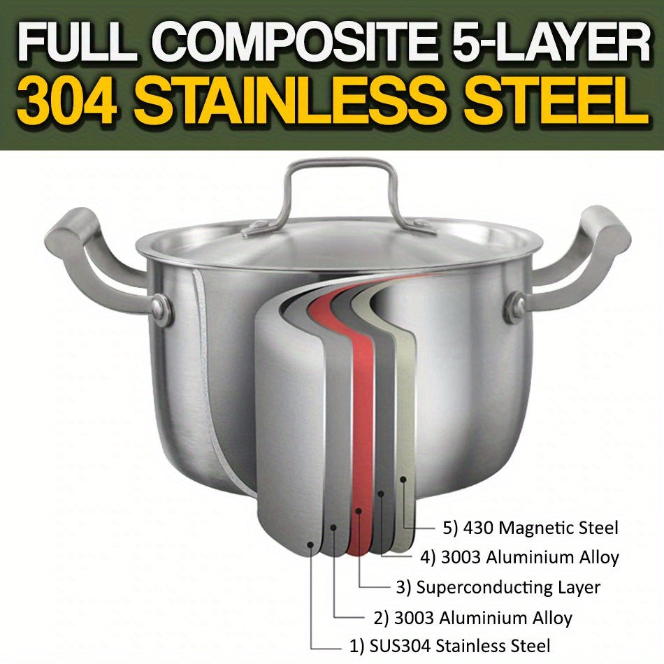 High-Quality 5-Layer Stainless Steel Soup Pot Featuring a Full Lid - Ideal for Both Home and Restaurant Cooking, Made from Long-Lasting SUS304 Material.