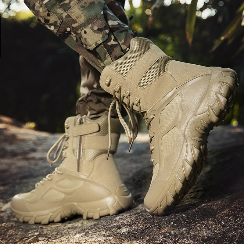 Men's khaki high top tactical shoes with durable fabric/microfiber faux leather, rubber sole, and lace-up closure for hiking and outdoor adventures.