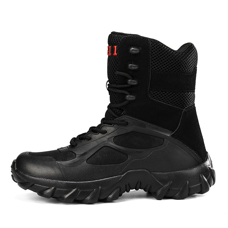 Men's khaki high top tactical shoes with durable fabric/microfiber faux leather, rubber sole, and lace-up closure for hiking and outdoor adventures.