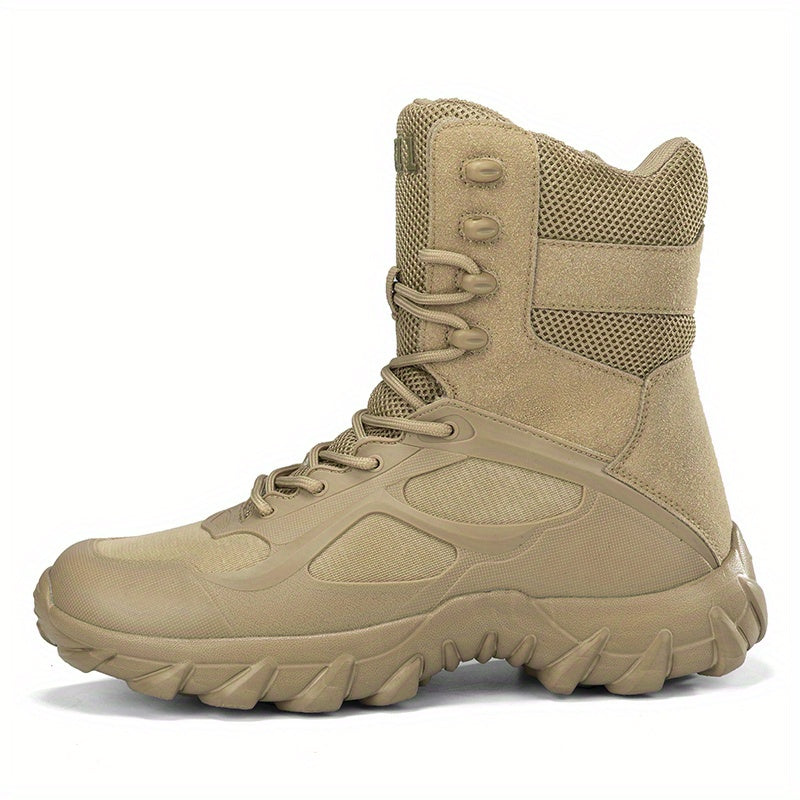 Men's khaki high top tactical shoes with durable fabric/microfiber faux leather, rubber sole, and lace-up closure for hiking and outdoor adventures.