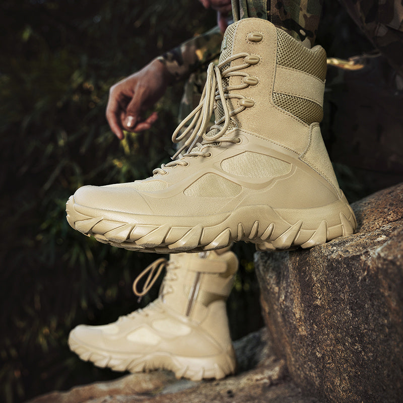 Men's khaki high top tactical shoes with durable fabric/microfiber faux leather, rubber sole, and lace-up closure for hiking and outdoor adventures.