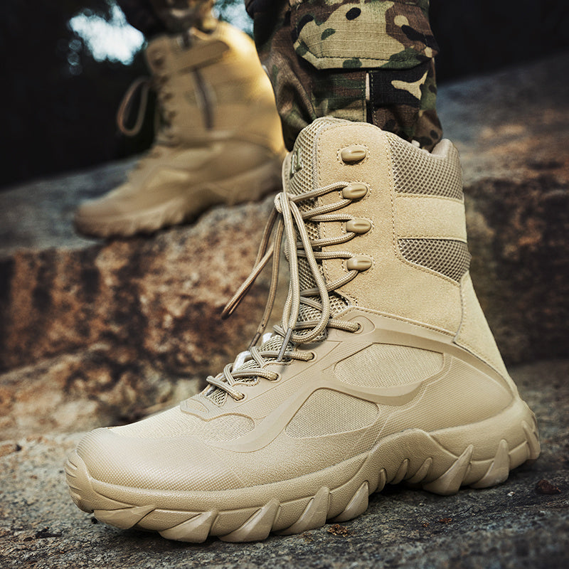 Men's khaki high top tactical shoes with durable fabric/microfiber faux leather, rubber sole, and lace-up closure for hiking and outdoor adventures.