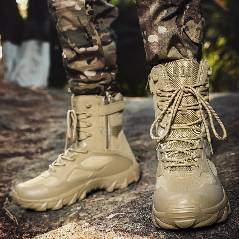 Men's khaki high top tactical shoes with durable fabric/microfiber faux leather, rubber sole, and lace-up closure for hiking and outdoor adventures.