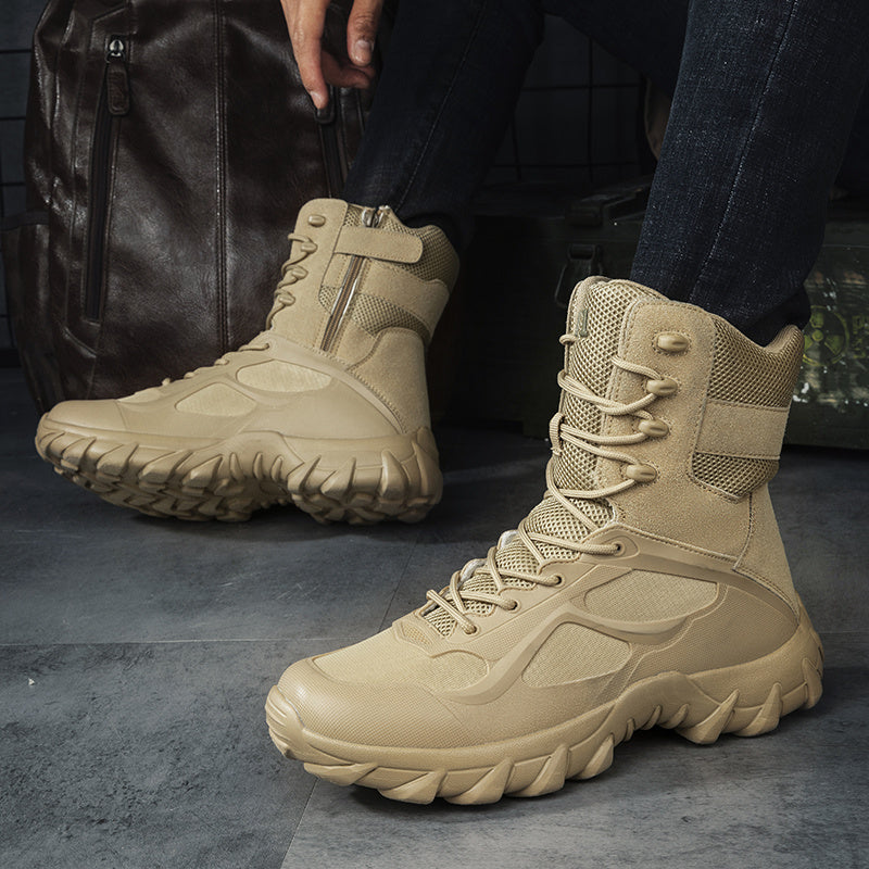 Men's khaki high top tactical shoes with durable fabric/microfiber faux leather, rubber sole, and lace-up closure for hiking and outdoor adventures.