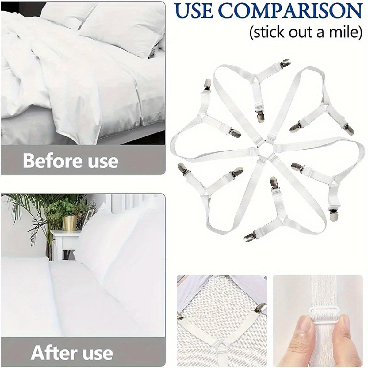 Adjustable Elastic Bed Sheet Holder with 12 Clips for Securing Mattress Cover, Blankets, and Grippers - Non-Slip Fasteners with Fixing Strap