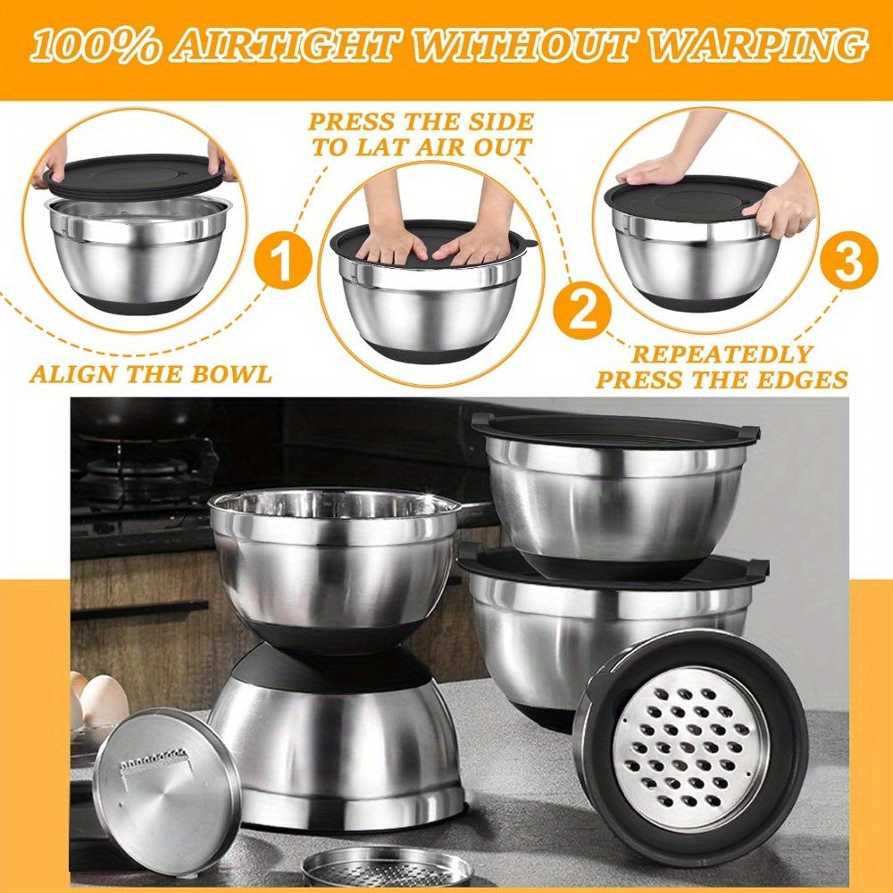 Set of 26 Stainless Steel Mixing Bowls with Lids and Grater - Features Rust-Resistant Material, Non-Slip Bottoms for Convenient Serving and Storage