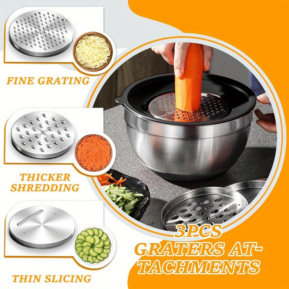 Set of 26 Stainless Steel Mixing Bowls with Lids and Grater - Features Rust-Resistant Material, Non-Slip Bottoms for Convenient Serving and Storage