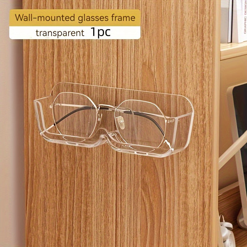 Wall-mounted sunglasses display rack for organizing and storing glasses.