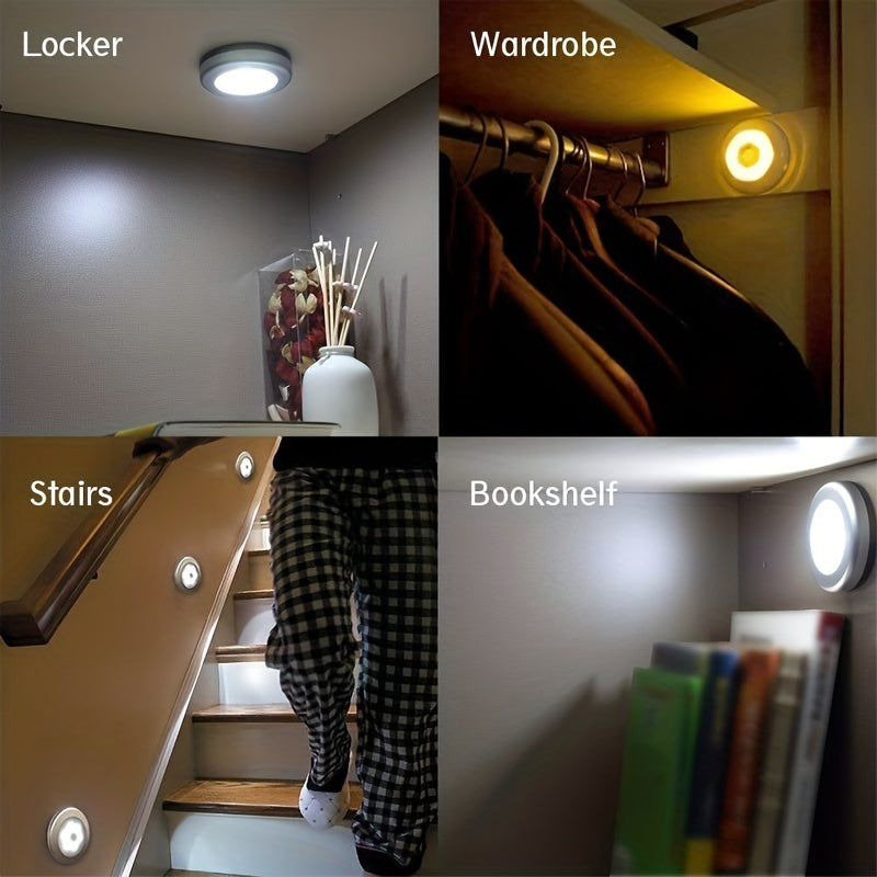 1-3pcs 6LED motion sensor lights for indoor use, battery-operated under cabinet lights, wireless wall puck lamp for stairs, hallway, garage, and entrance.