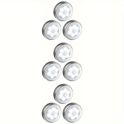 1-3pcs 6LED motion sensor lights for indoor use, battery-operated under cabinet lights, wireless wall puck lamp for stairs, hallway, garage, and entrance.