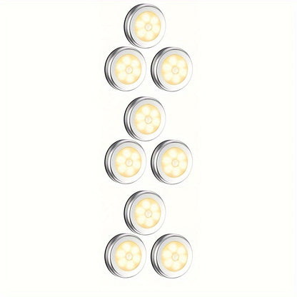 1-3pcs 6LED motion sensor lights for indoor use, battery-operated under cabinet lights, wireless wall puck lamp for stairs, hallway, garage, and entrance.