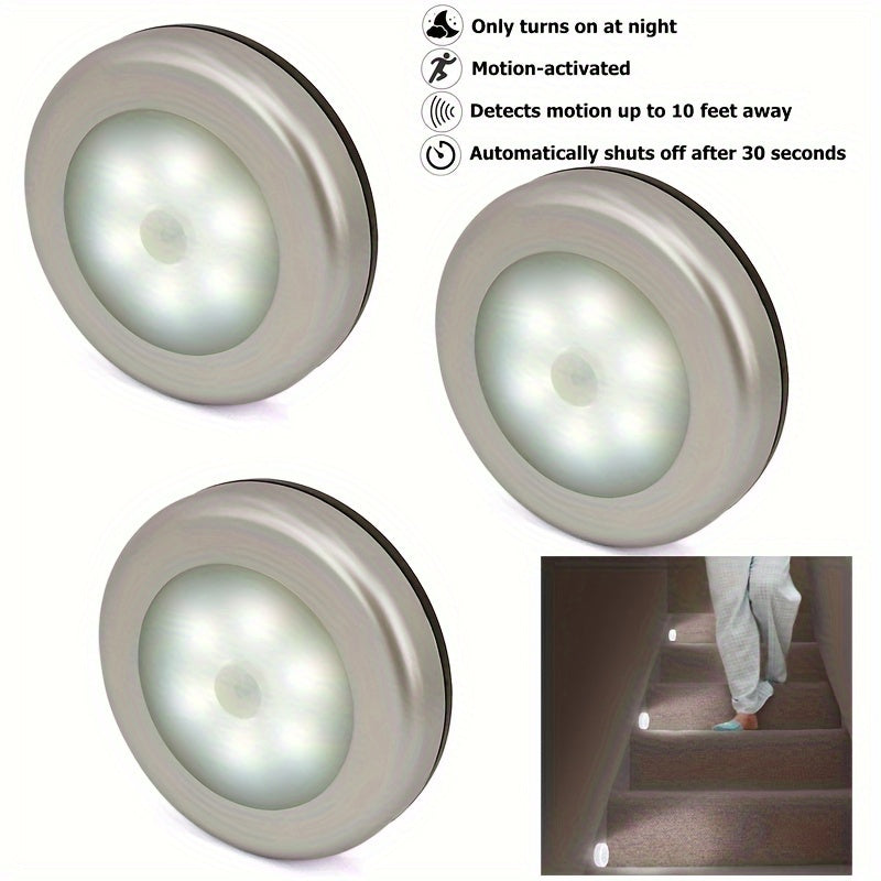 1-3pcs 6LED motion sensor lights for indoor use, battery-operated under cabinet lights, wireless wall puck lamp for stairs, hallway, garage, and entrance.