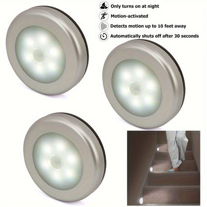 1-3pcs 6LED motion sensor lights for indoor use, battery-operated under cabinet lights, wireless wall puck lamp for stairs, hallway, garage, and entrance.