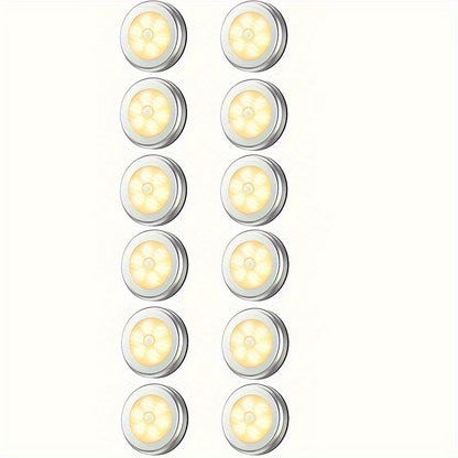 1-3pcs 6LED motion sensor lights for indoor use, battery-operated under cabinet lights, wireless wall puck lamp for stairs, hallway, garage, and entrance.