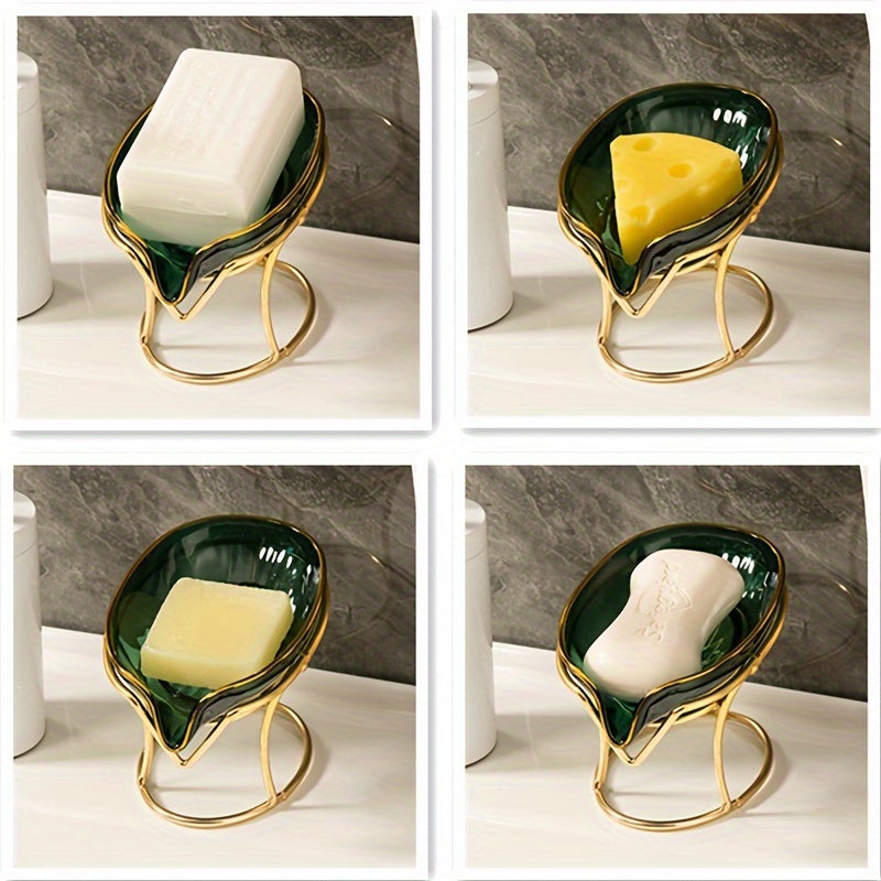 Elegant golden-tone soap dish with drainage, no-drill plastic holder in stylish green and clear design for bathroom and kitchen.