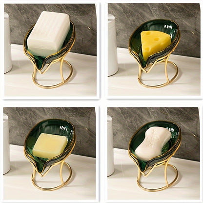 Elegant golden-tone soap dish with drainage, no-drill plastic holder in stylish green and clear design for bathroom and kitchen.