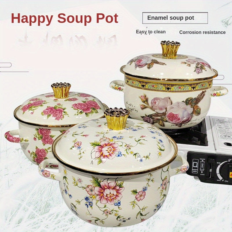 Dual-handled enamel soup pot with high-temperature resistance, ideal for cooking stews and boiling, suitable for use on both electric and gas stoves.