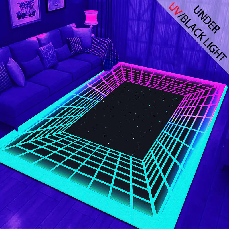 A single piece of Glow In The Dark Flannel Rug, featuring a 1.2cm thick sponge for extra comfort. This rug emits a fluorescent glow under UV black light and comes with a non-woven backing. Featuring a fun neon circle print, this Hippie-inspired rug is