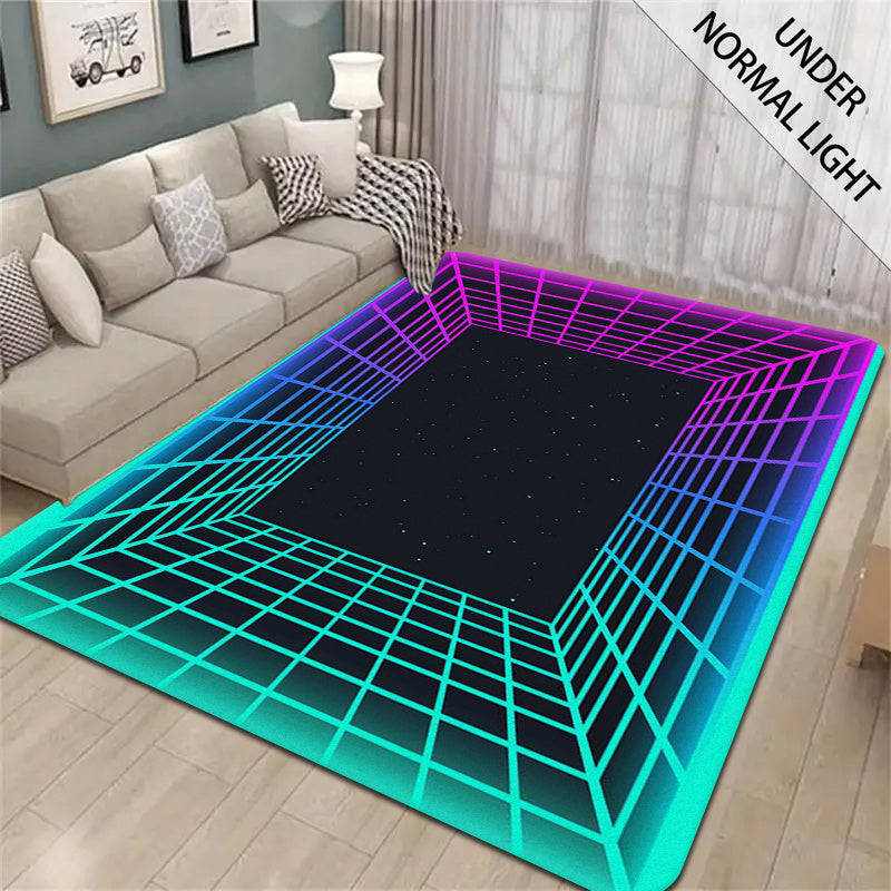 A single piece of Glow In The Dark Flannel Rug, featuring a 1.2cm thick sponge for extra comfort. This rug emits a fluorescent glow under UV black light and comes with a non-woven backing. Featuring a fun neon circle print, this Hippie-inspired rug is