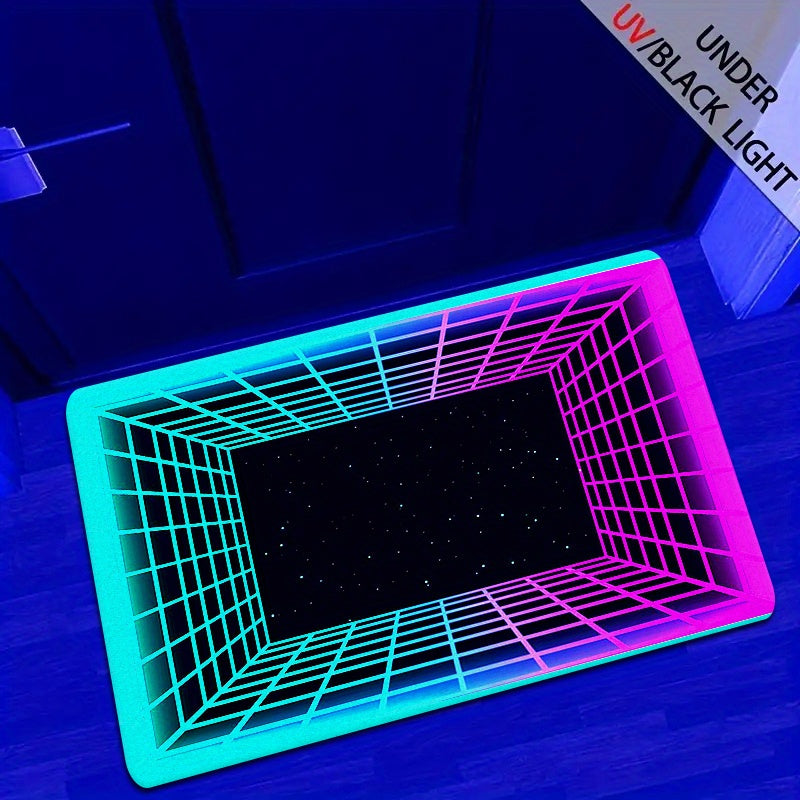 A single piece of Glow In The Dark Flannel Rug, featuring a 1.2cm thick sponge for extra comfort. This rug emits a fluorescent glow under UV black light and comes with a non-woven backing. Featuring a fun neon circle print, this Hippie-inspired rug is