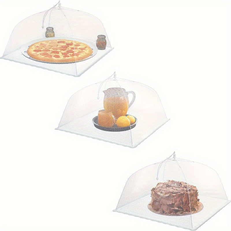 3 white picnic net food covers: foldable, large, dust-proof; perfect for restaurants and food trucks.