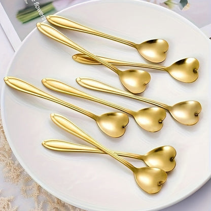 Set of 8 Stylish Golden Stainless Steel Spoons with Heart Design - Ideal for Coffee, Tea, Desserts & Stirring - Polished Mirror Finish Kitchen Utensils, Coffee Stirrers