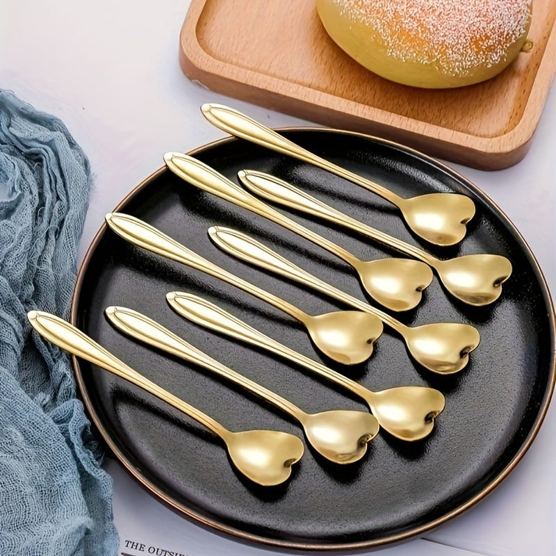 Set of 8 Stylish Golden Stainless Steel Spoons with Heart Design - Ideal for Coffee, Tea, Desserts & Stirring - Polished Mirror Finish Kitchen Utensils, Coffee Stirrers