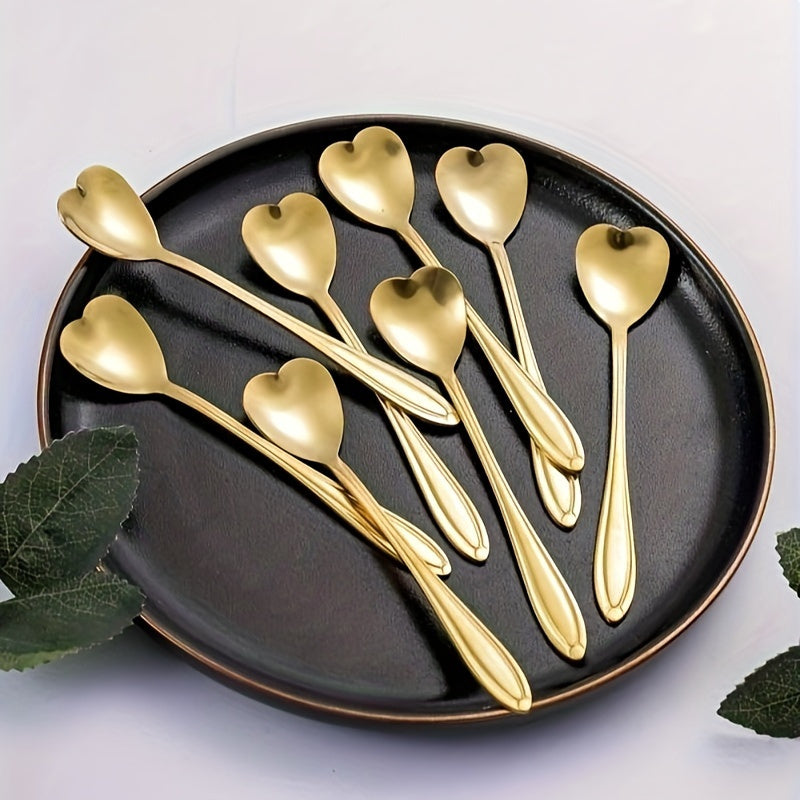 Set of 8 Stylish Golden Stainless Steel Spoons with Heart Design - Ideal for Coffee, Tea, Desserts & Stirring - Polished Mirror Finish Kitchen Utensils, Coffee Stirrers