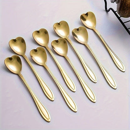 Set of 8 Stylish Golden Stainless Steel Spoons with Heart Design - Ideal for Coffee, Tea, Desserts & Stirring - Polished Mirror Finish Kitchen Utensils, Coffee Stirrers