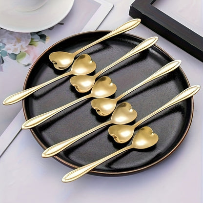 Set of 8 Stylish Golden Stainless Steel Spoons with Heart Design - Ideal for Coffee, Tea, Desserts & Stirring - Polished Mirror Finish Kitchen Utensils, Coffee Stirrers