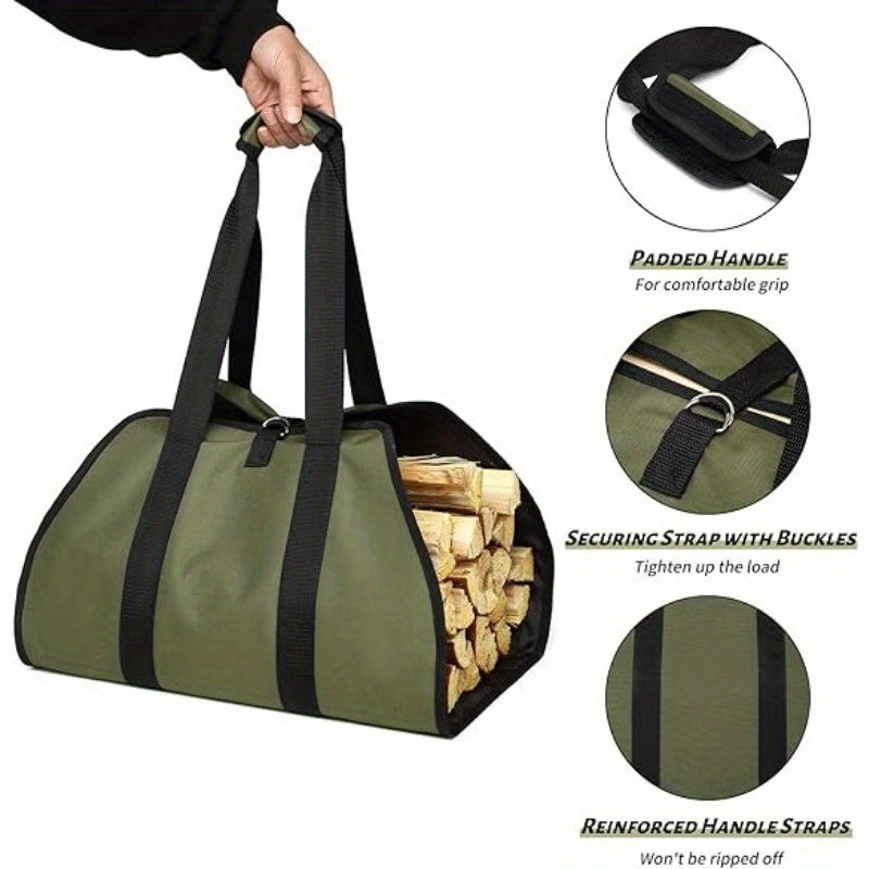 Strong 16oz Waxed Canvas Firewood Carrier with Handles - Sturdy, Waterproof Log Tote for Indoor & Outdoor Use, Ideal for Camping and Home (Green)