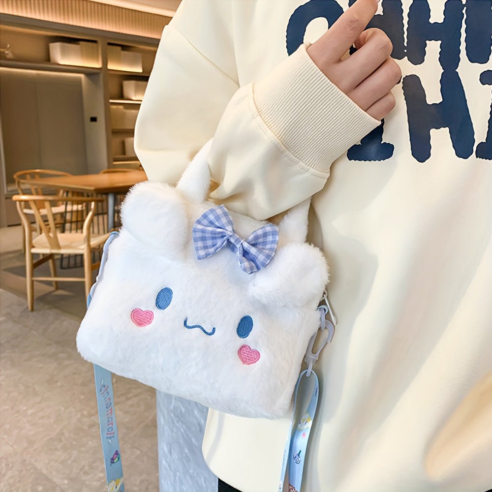 Sanrio Plush Tote Bag featuring Kawaii Kuromi, Cinnamoroll, and Melody characters, with adjustable strap for crossbody use, ideal for women and girls on the go.