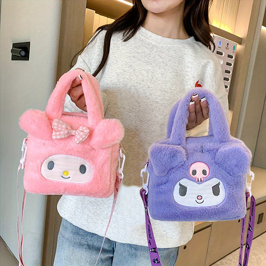 Sanrio Plush Tote Bag featuring Kawaii Kuromi, Cinnamoroll, and Melody characters, with adjustable strap for crossbody use, ideal for women and girls on the go.