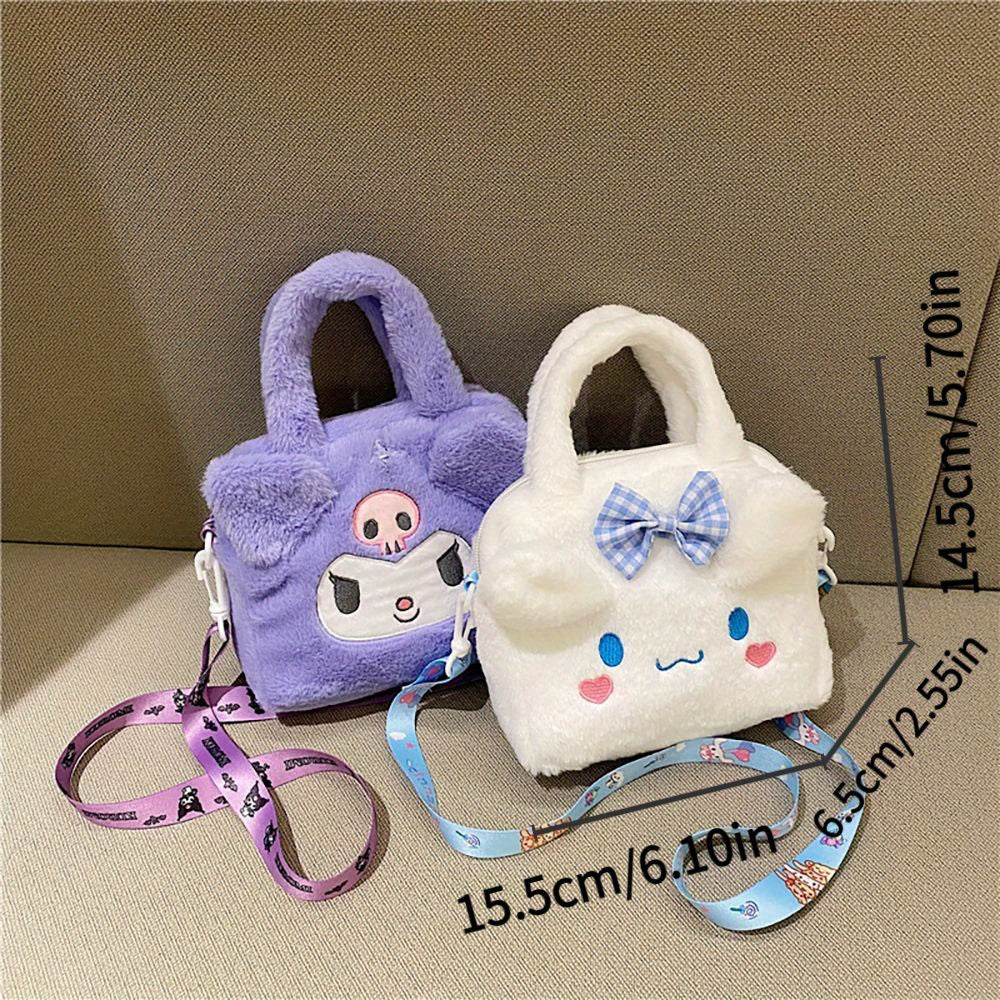 Sanrio Plush Tote Bag featuring Kawaii Kuromi, Cinnamoroll, and Melody characters, with adjustable strap for crossbody use, ideal for women and girls on the go.