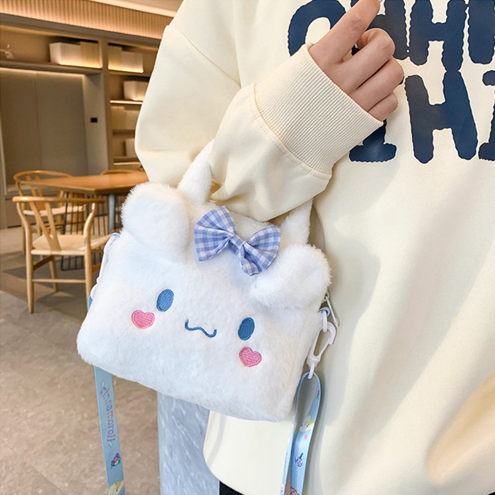 Sanrio Plush Tote Bag featuring Kawaii Kuromi, Cinnamoroll, and Melody characters, with adjustable strap for crossbody use, ideal for women and girls on the go.