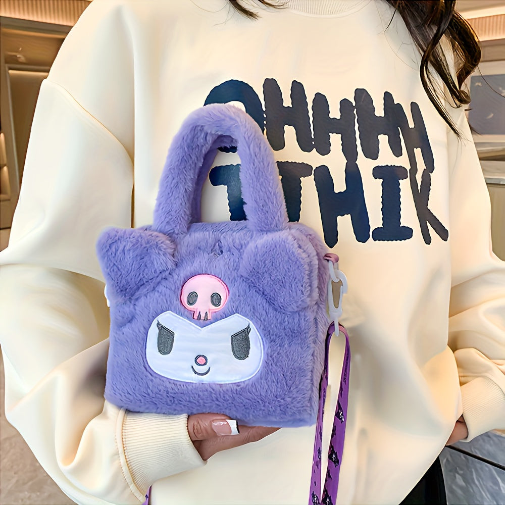 Sanrio Plush Tote Bag featuring Kawaii Kuromi, Cinnamoroll, and Melody characters, with adjustable strap for crossbody use, ideal for women and girls on the go.