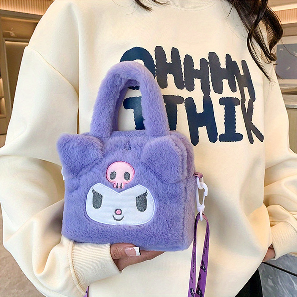 Sanrio Plush Tote Bag featuring Kawaii Kuromi, Cinnamoroll, and Melody characters, with adjustable strap for crossbody use, ideal for women and girls on the go.