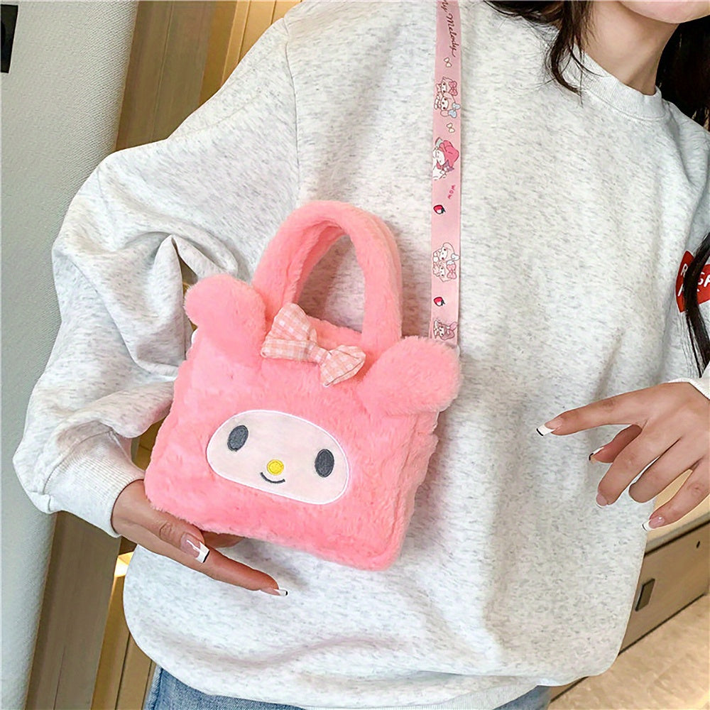 Sanrio Plush Tote Bag featuring Kawaii Kuromi, Cinnamoroll, and Melody characters, with adjustable strap for crossbody use, ideal for women and girls on the go.