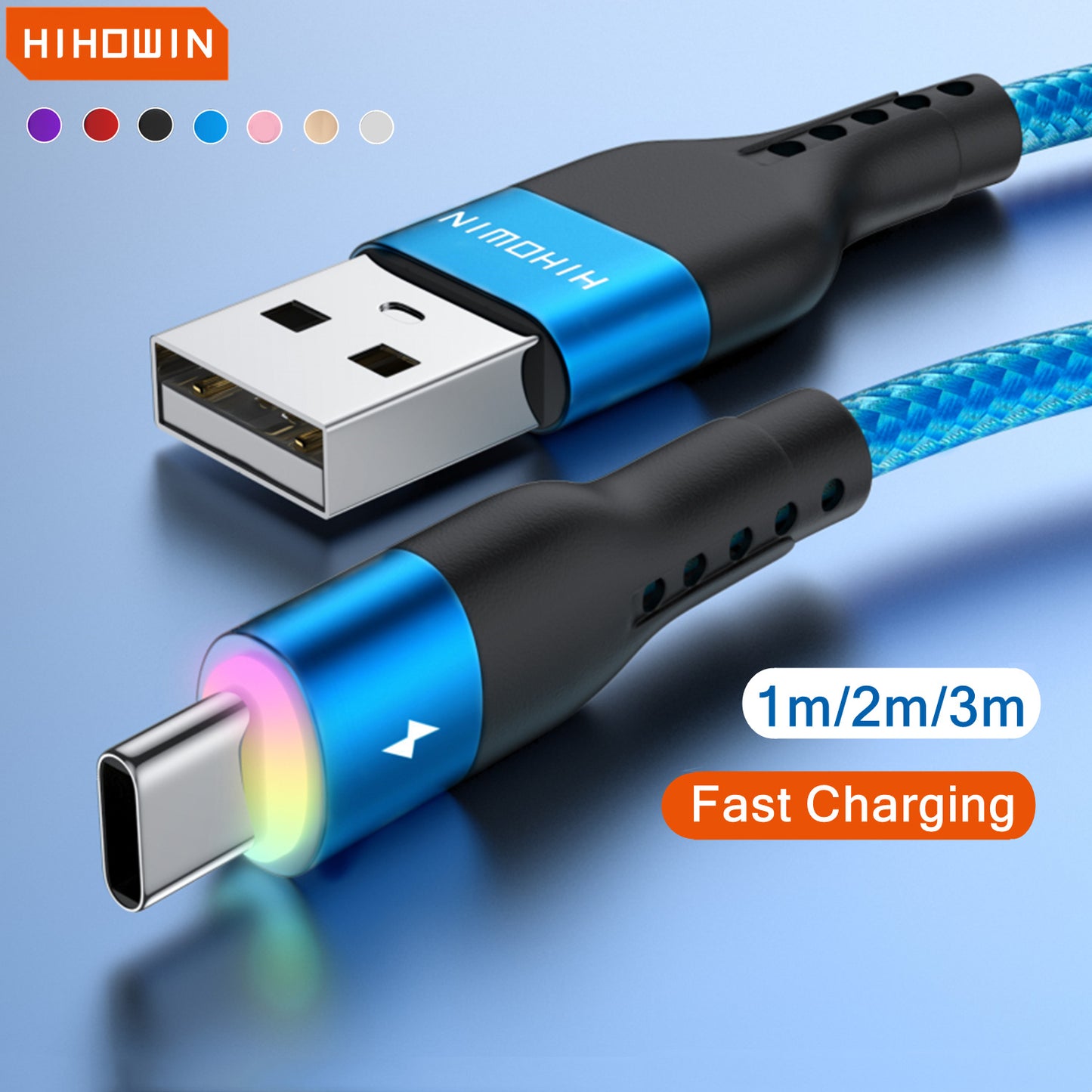 Samsung, Vivo, OPPO, Redmi, and other USB-C smartphones compatible LED Type C cable for fast charging and data transfer available in 1m, 2m, and 3m lengths.