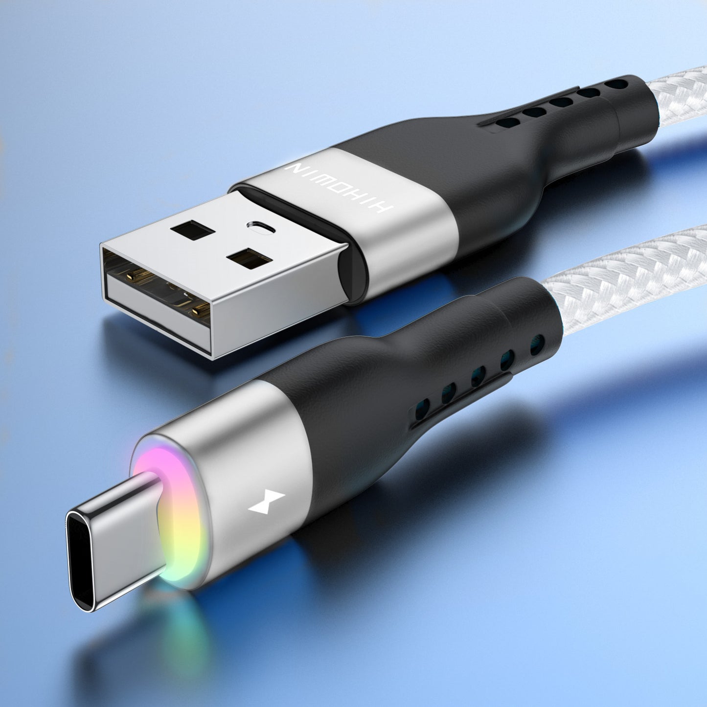 Samsung, Vivo, OPPO, Redmi, and other USB-C smartphones compatible LED Type C cable for fast charging and data transfer available in 1m, 2m, and 3m lengths.