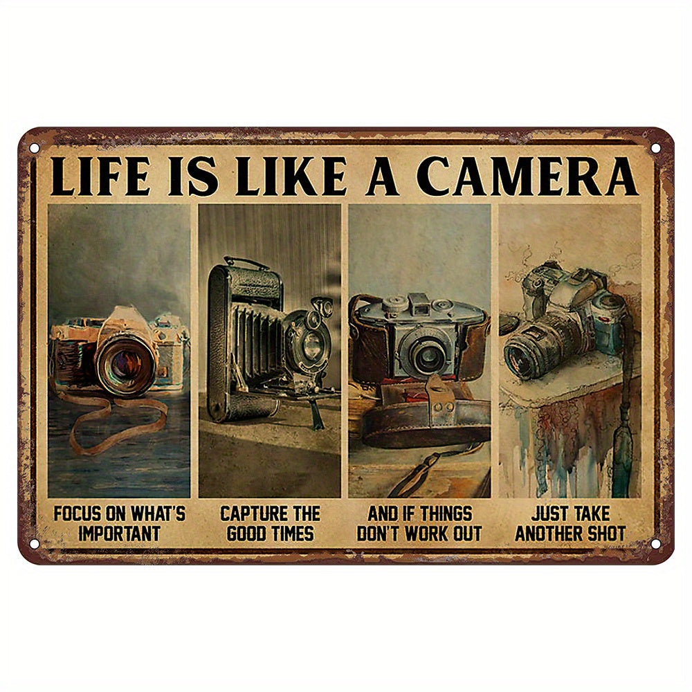 Retro Camera Metal Tin Sign: Ideal Gift for Photographers! Life is Like a Camera - Focus on the Important Things. Quirky Wall Art for Home, Bar, Cafe, Garage, Kitchen, Gym, Boxing Club, or Fitness Club.