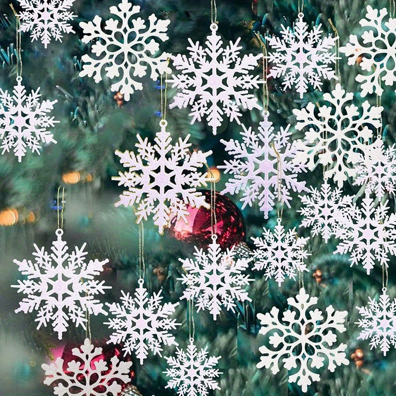 Set of 36 Sparkling Snowflake Ornaments for Christmas Tree, Windows, and Doors - Made of Plastic