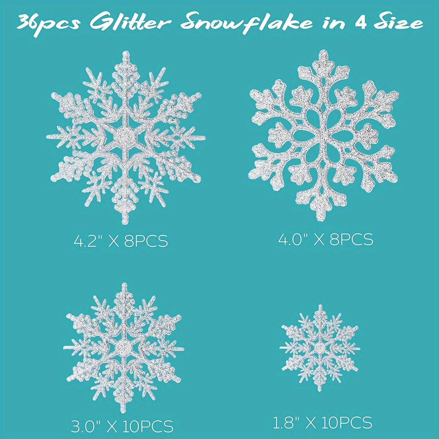 Set of 36 Sparkling Snowflake Ornaments for Christmas Tree, Windows, and Doors - Made of Plastic