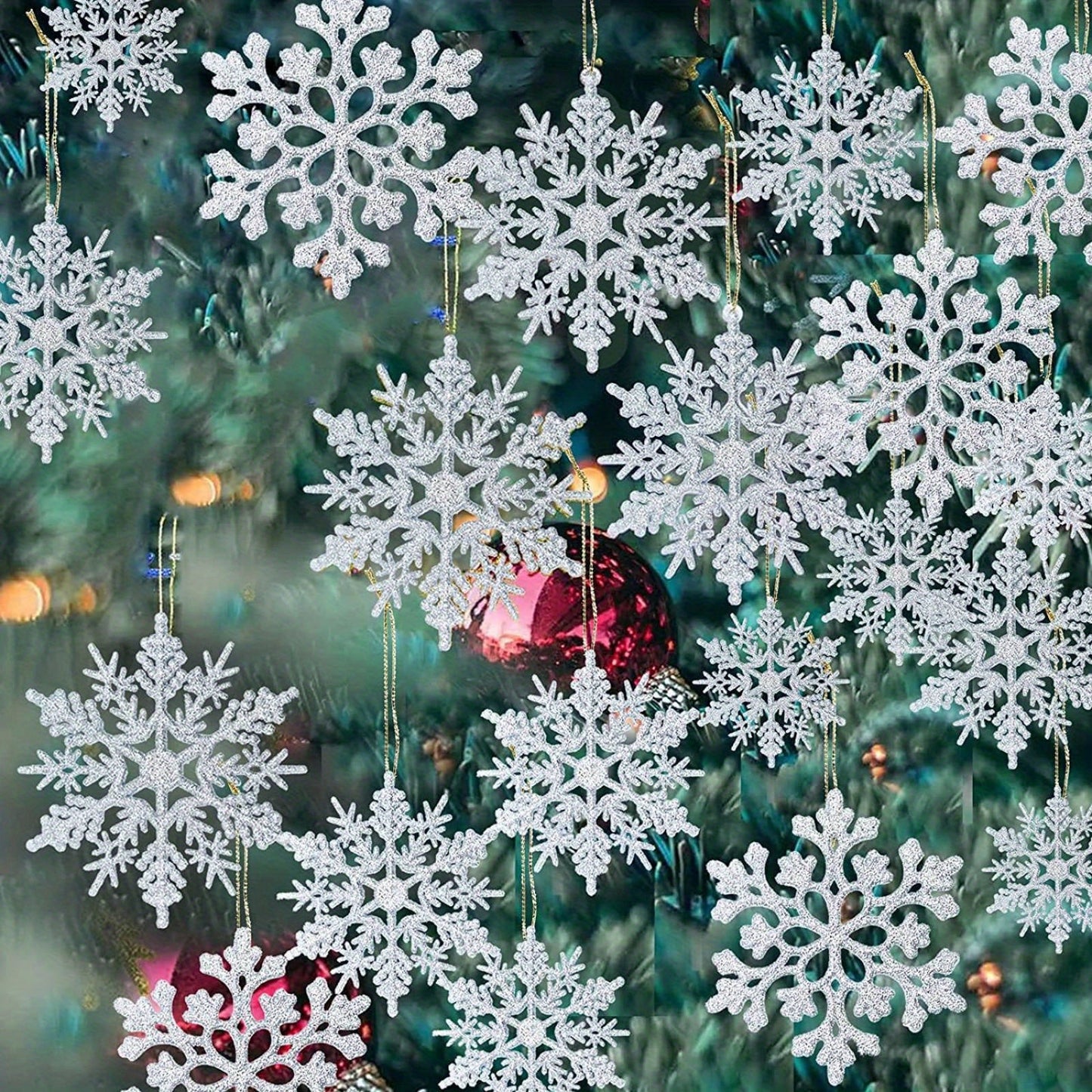 Set of 36 Sparkling Snowflake Ornaments for Christmas Tree, Windows, and Doors - Made of Plastic