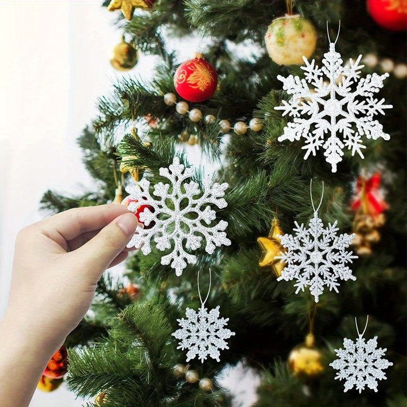 Set of 36 Sparkling Snowflake Ornaments for Christmas Tree, Windows, and Doors - Made of Plastic