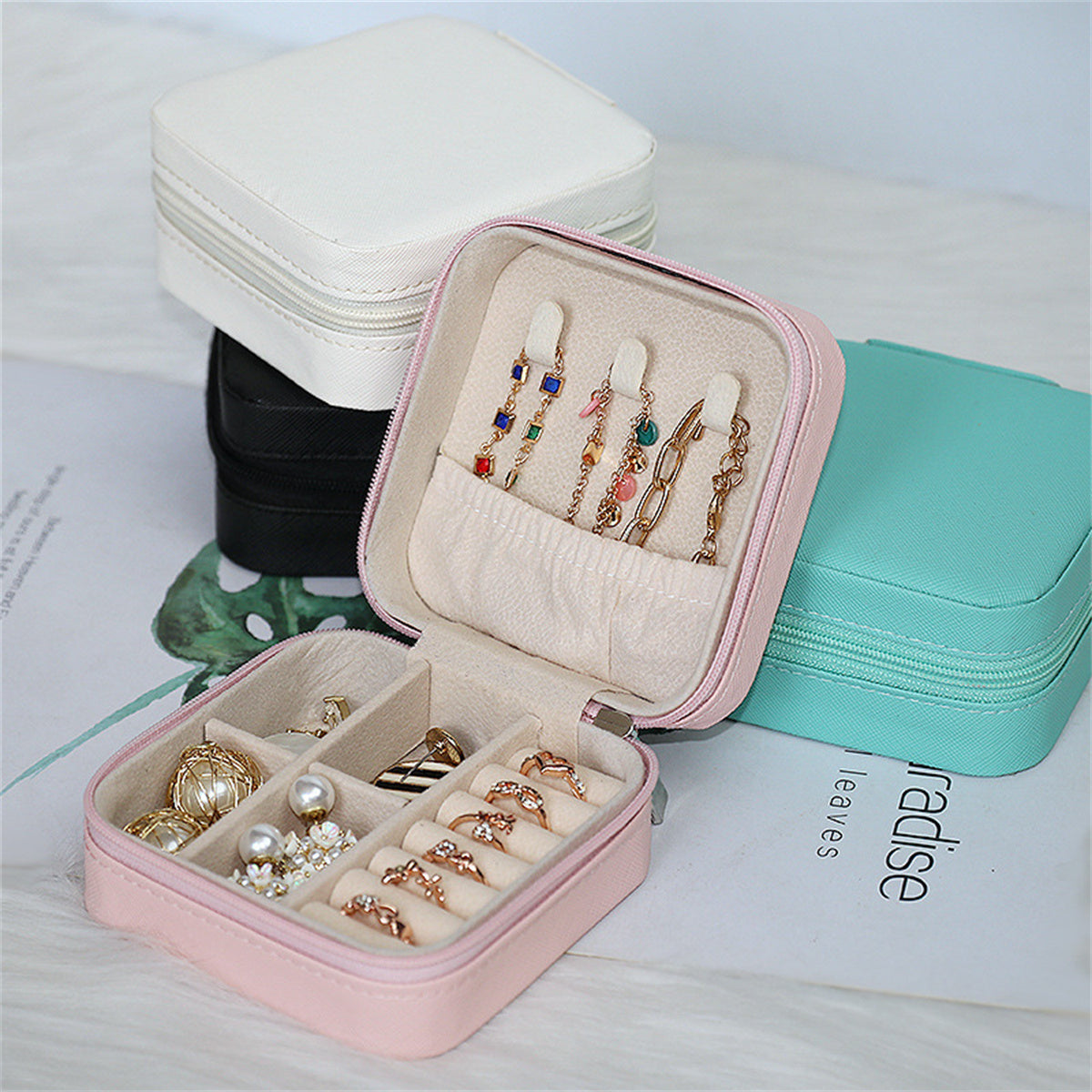 Portable Faux Leather Jewelry Organizer with Zippered Case and Compartments - 5 Color Options